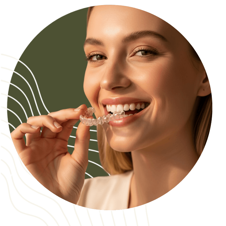 Młoda kobieta zakłada przezroczystą nakładkę ortodontyczną i uśmiecha się w KW Dent stomatologia i ortodoncja